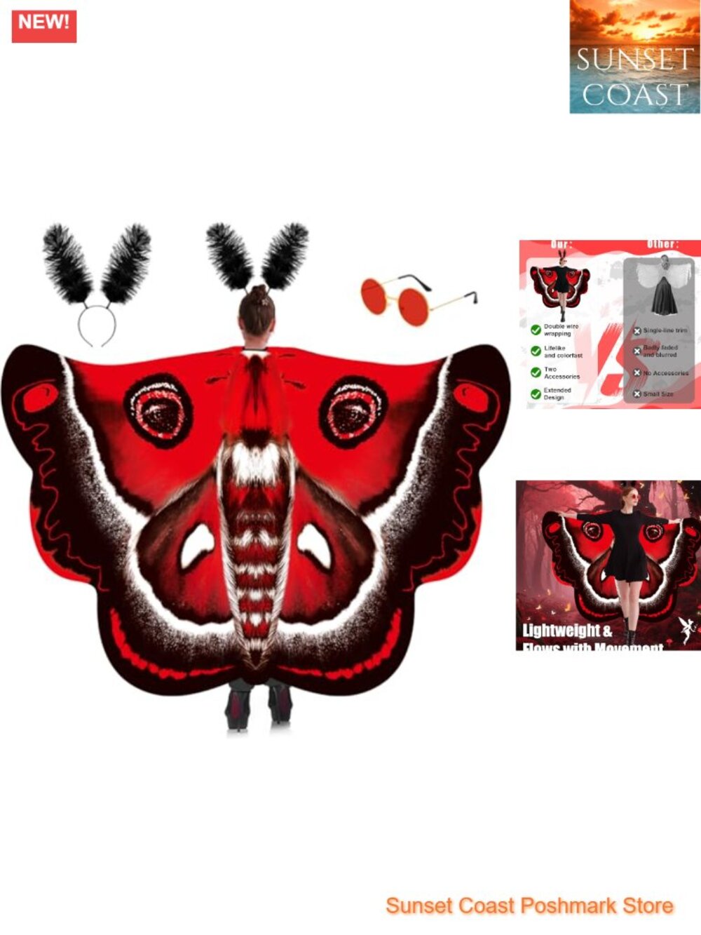 Moth Wings Costume Set Adult Mothman Cape Headband Glasses Cosplay Halloween